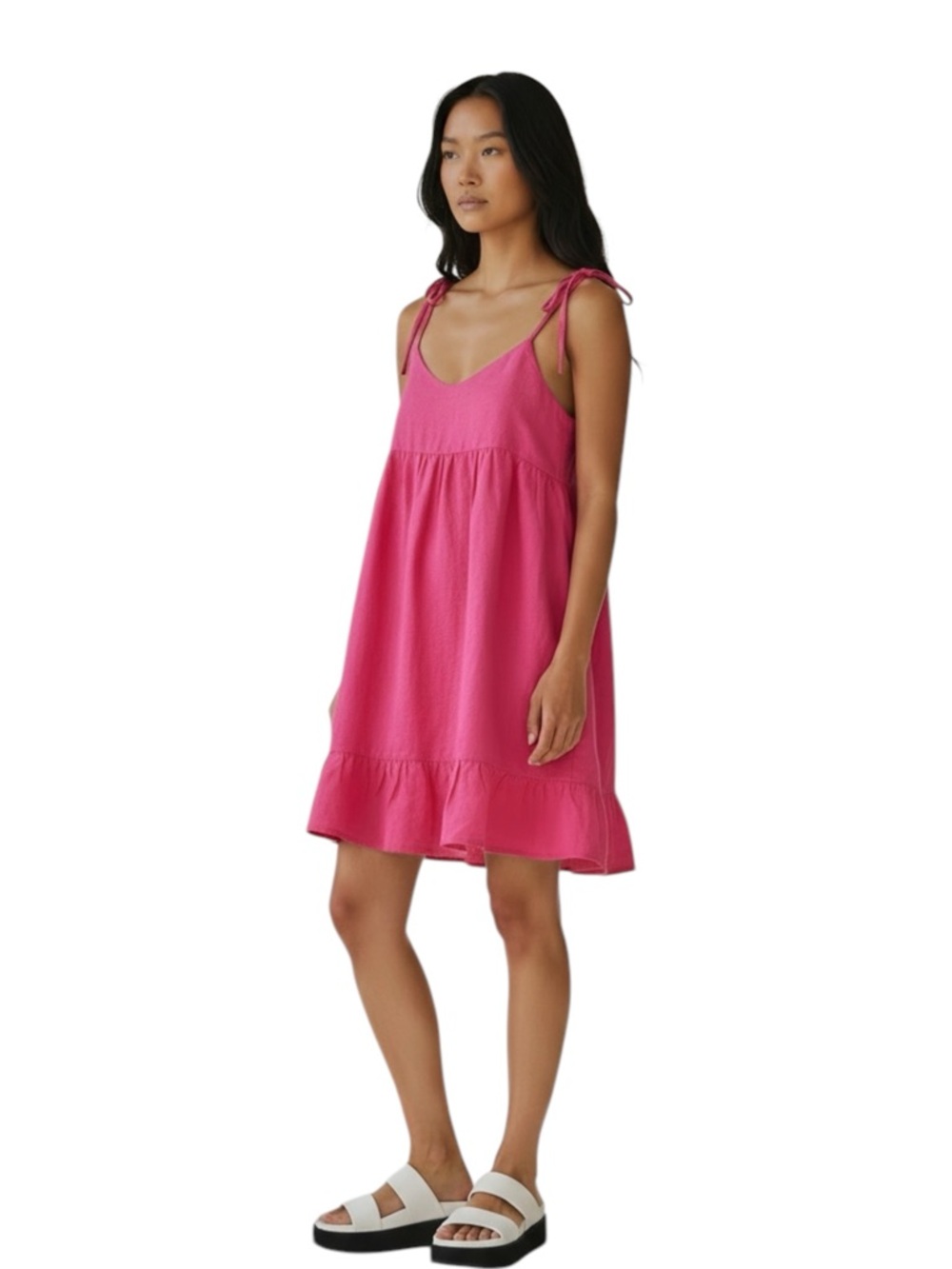 Zara Linen Tie Strap Mini Dress Women’s Large Pink Ruffle Tiered
